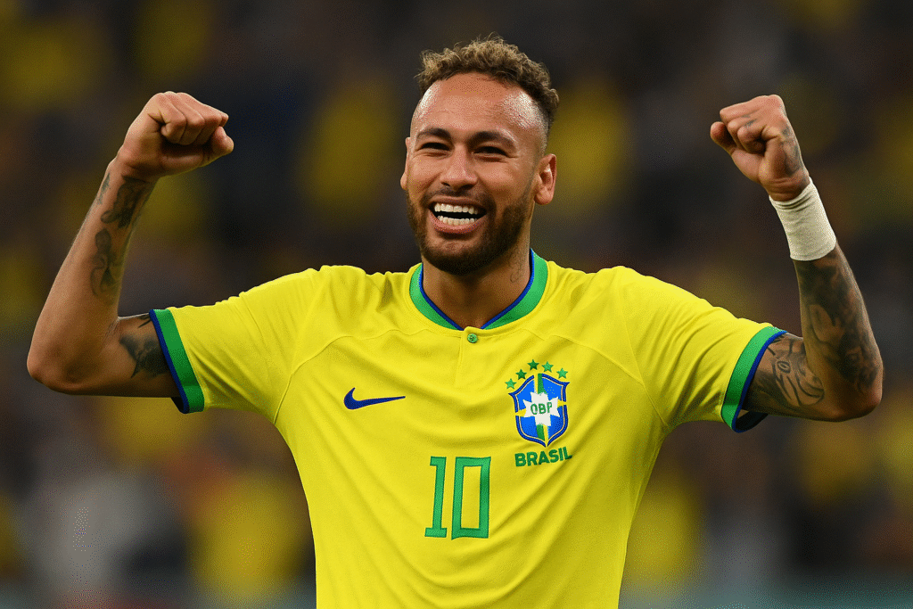 Foto de Neymar Jr. em campo, representando sua carreira desde a infância até o estrelato internacional.
